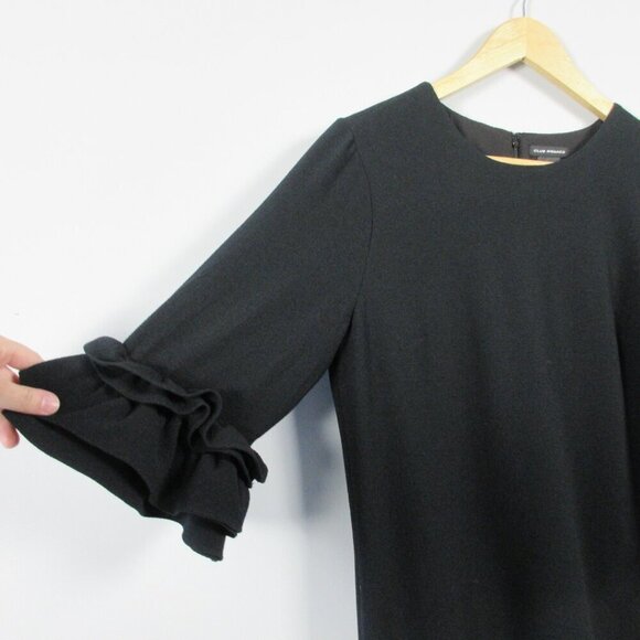 Club Monaco Crepe Mini Dress 6 Black 3/4 Ruffle Sleeve Lined Shift Luxury 424 - Picture 4 of 10